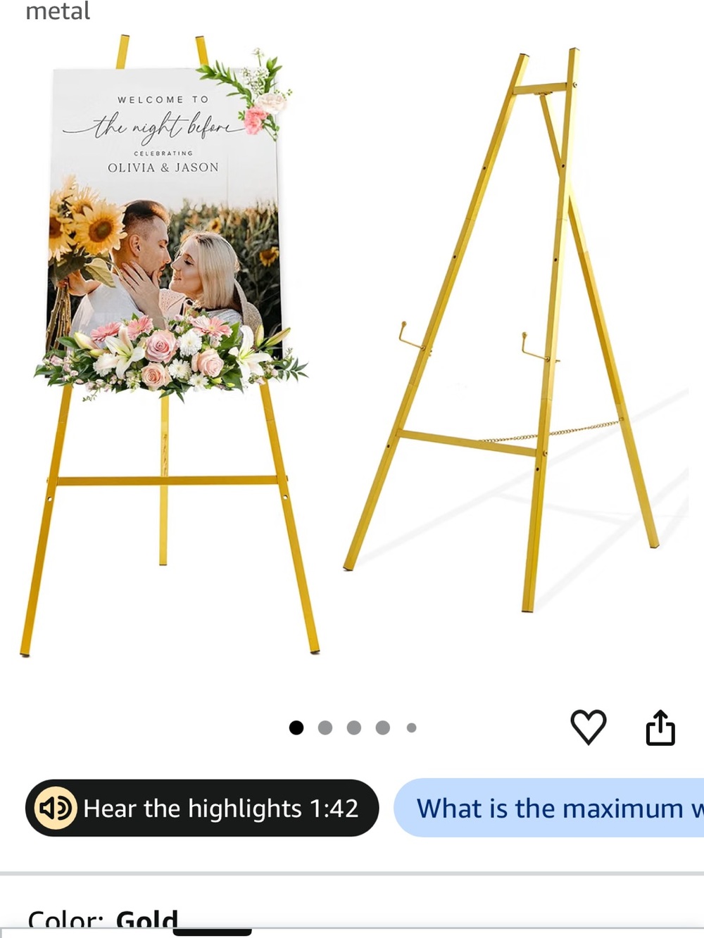 Gold Display Easel Stand for Signs and Posters - Elegant Presentation